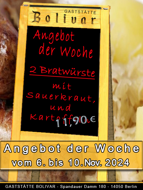 Angebot der Woche vom 6 bis 10 November 2024 - Bratwurst mit Sauerkraut - gute Berliner Küche