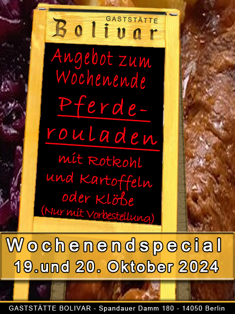 Am 16. und 21. Februar 2025 - Pferderouladen mit Rotkohl und Kartoffeln oder Klößen 26,90 Euro Vorbestellung und Tischbestellung bis zum 13. bzw. 19. Februar 2024, 20 Uhr